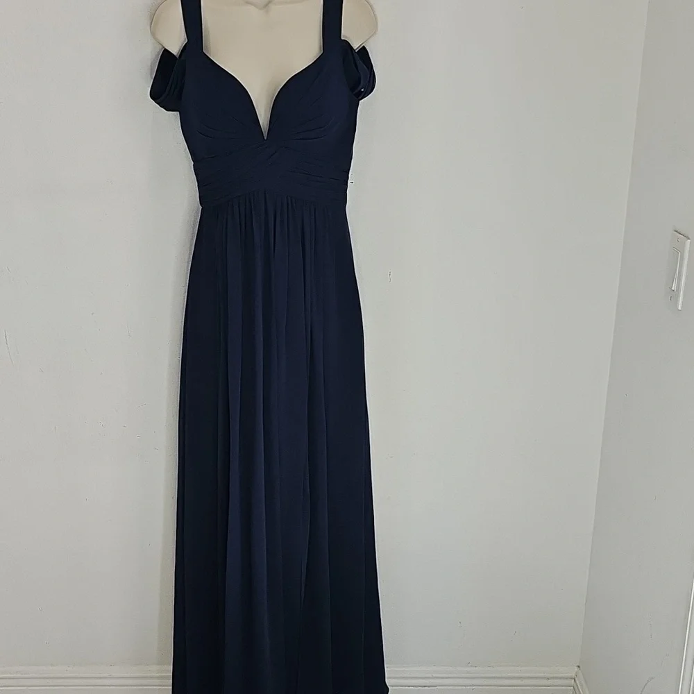 Bariano Australia Navy Blue Cold Shoulder Evening Chiffon Gown Size S V-Neck